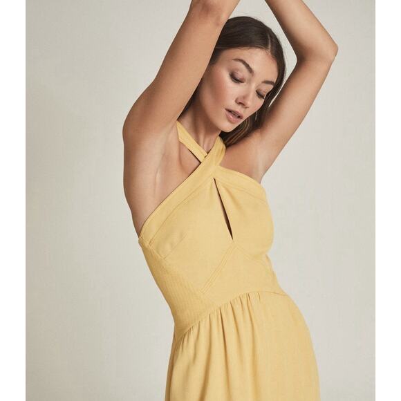 NWT Reiss Orla Mustard Yellow Criss Cross Halter Midi Dress US 2 - Picture 3 of 10